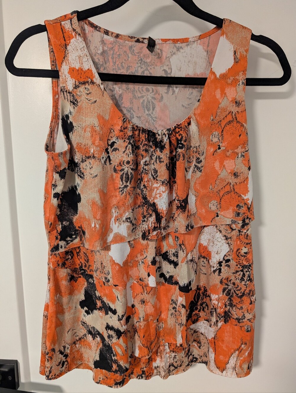 Orange Patterned Sleeveless Ruffled Top